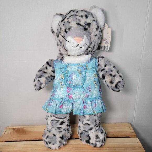 BAB Build-A-Bear Grey & White Snow Leopard in Blue Dress (NO shoes) w/ Tag - Picture 1 of 6
